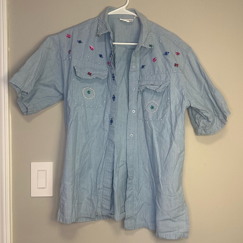 Jewel Embellished Light Blue Women's Button Down Shirt